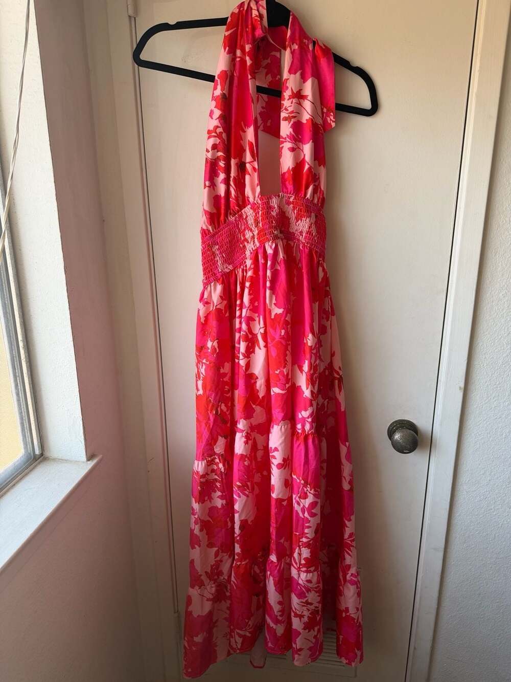 Luxedo Floral Halter Maxi Dress Size M Pink Backless Smocked Tiered